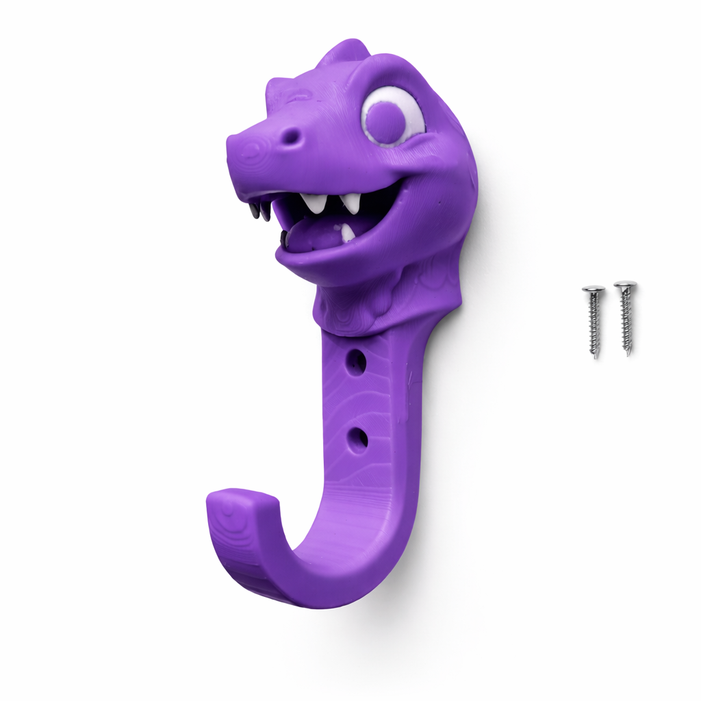 Purple dinosaur-shaped hook with a screw on a white background