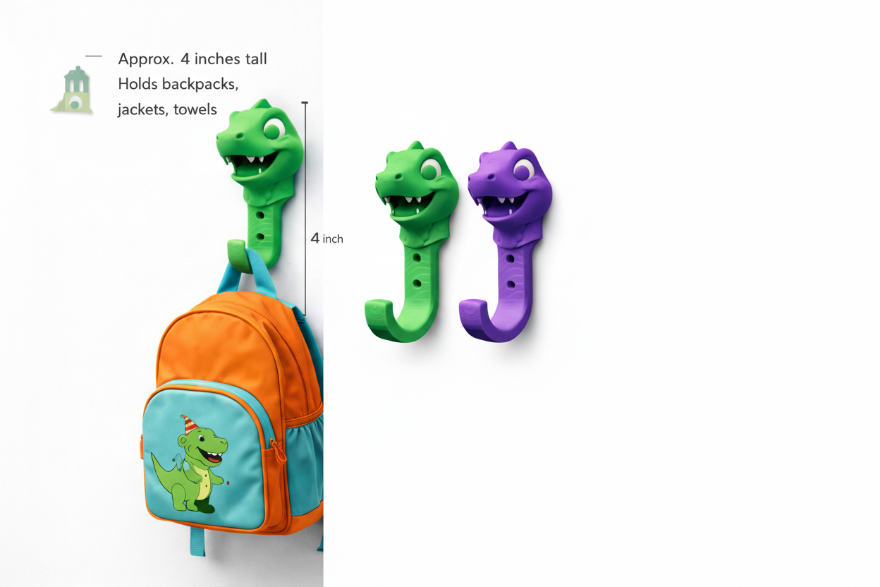 Set of colorful dinosaur-shaped hooks with a backpack on a white background