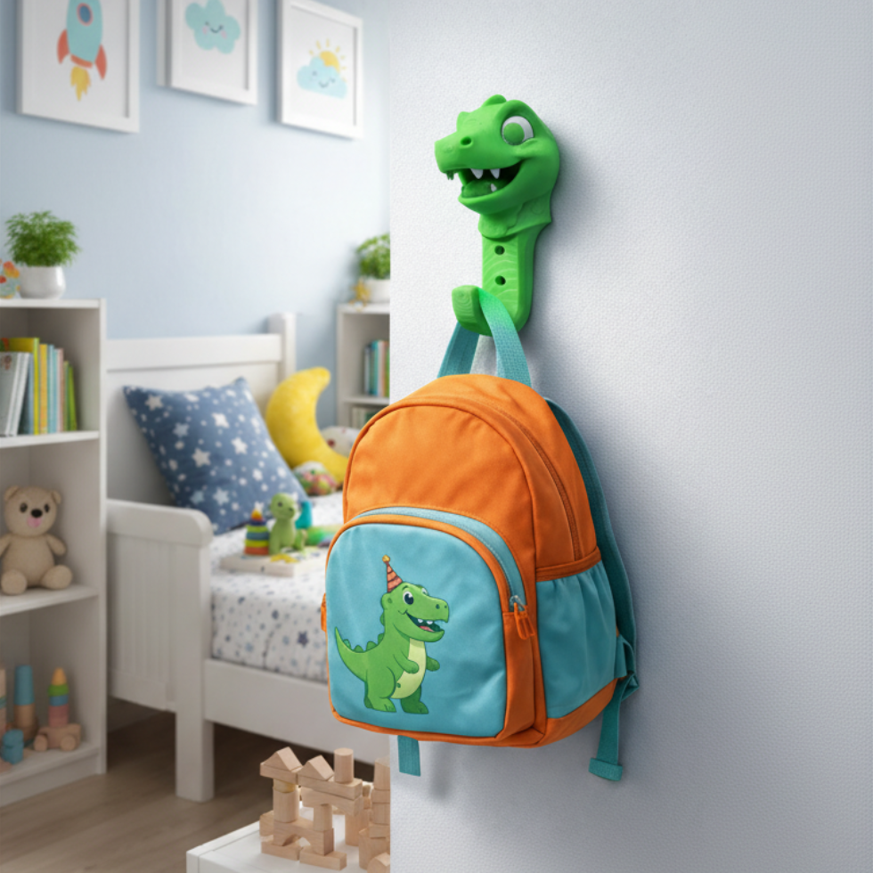 Children's backpack with dinosaur design hanging on a hook in a room with toys and furniture.