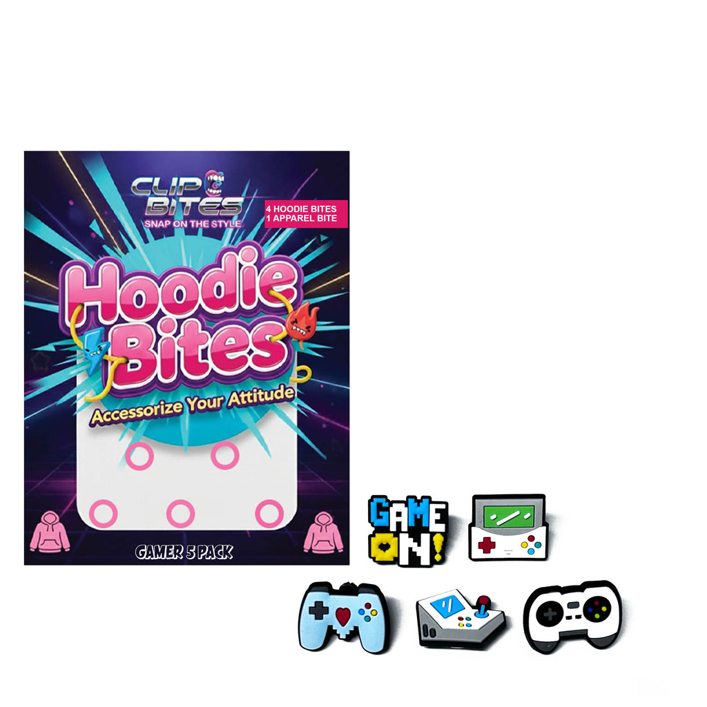 Hoodie Bites packaging with colorful design and gaming-themed accessories on a white background