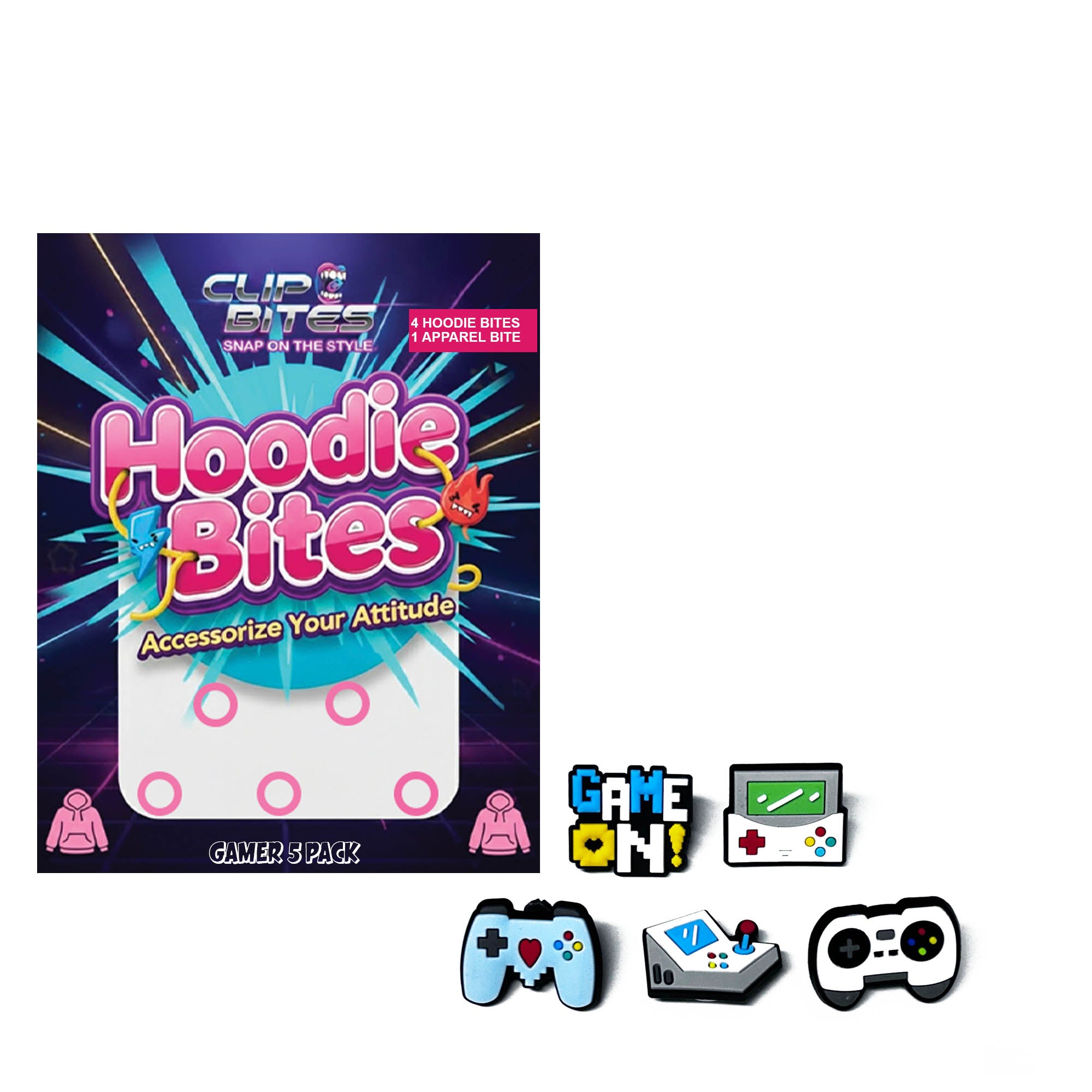 Hoodie Bites packaging with colorful design and gaming-themed accessories on a white background