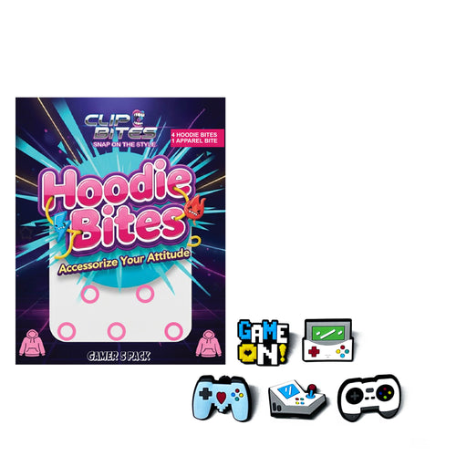 Hoodie Bites packaging with colorful design and gaming-themed accessories on a white background